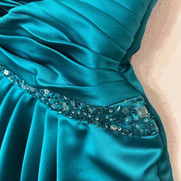 David's Bridal Satin A Line Draped Gown Beaded Neckline Strapless Turquoise - Picture 8 of 13